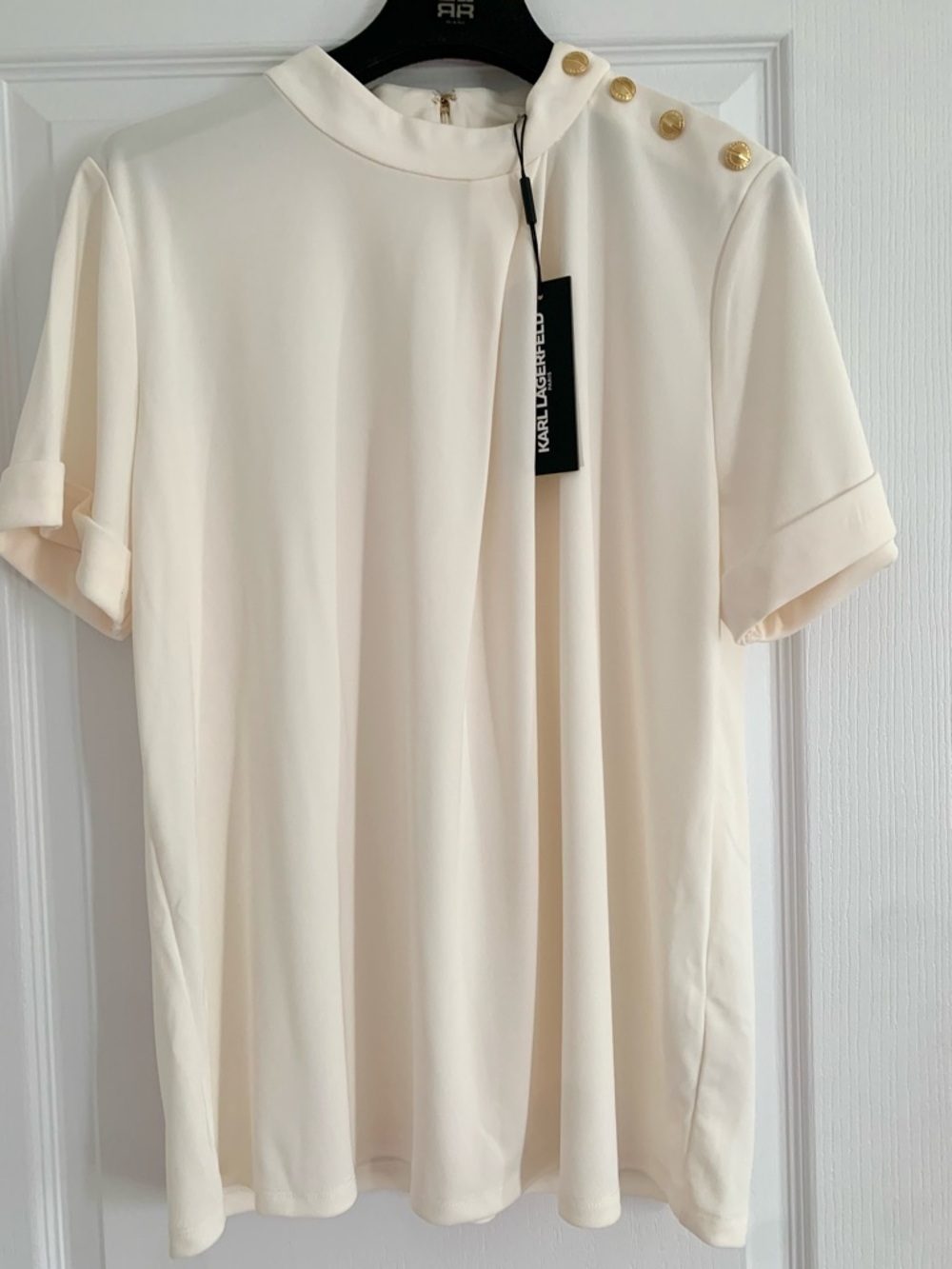 Karl Lagerfeld Cream Short-Sleeve Top with Gold Buttons